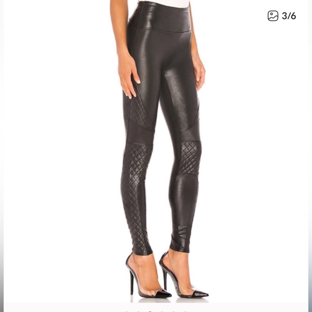 SPANX Black Quilted Faux Leather Leggings Size M - Picture 3 of 8